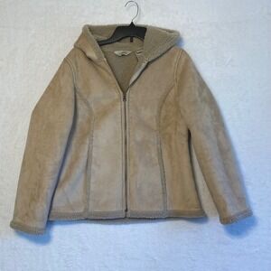 L.L.Bean Women's M Pet Fleece Lined Suede Sherpa Hooded Jacket Tan